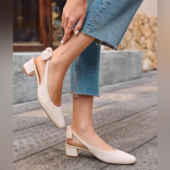 Coutgo Shoes - Women’s Chunky Low Heel Bow Slingback Pumps - Color Apricot – Size 8.5